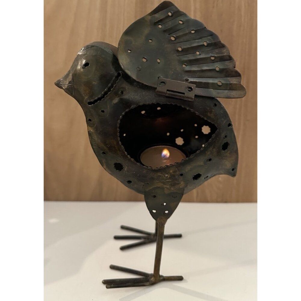 metal bird shaped tea light candle holder Folk Art  Chicken Farm Cabin Decor